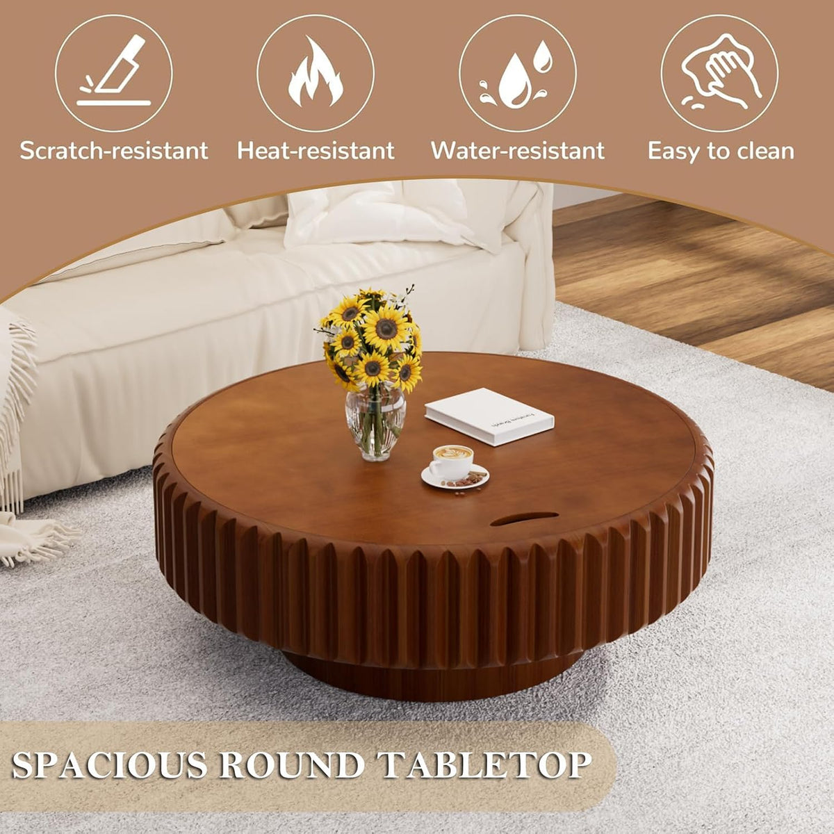 Round Drum Fluted Coffee Table with Storage for Living Room Modern Circle Coffee Table with Pedestal Center Tables Fluted Accent Tea Tables for Apartment Living Room (L31.5IN)