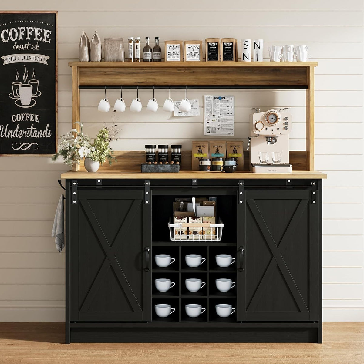 4ever2buy Coffee Bar Cabinet with Storage, 47'' Farmhouse Coffee Bar with Hutch and Sliding Barn Door, Wine Bar with 9 Wine Racks and 6 Hooks for Dining Room, Living Room, Black
