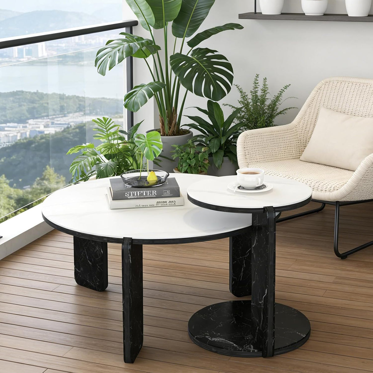 Modern Nesting Coffee Table Set of 2, 2-Piece Modern 32.68' & 16.93' Round Living Table Set with White Sintered Stone Top and Black Sintered Stone Legs for Living Room