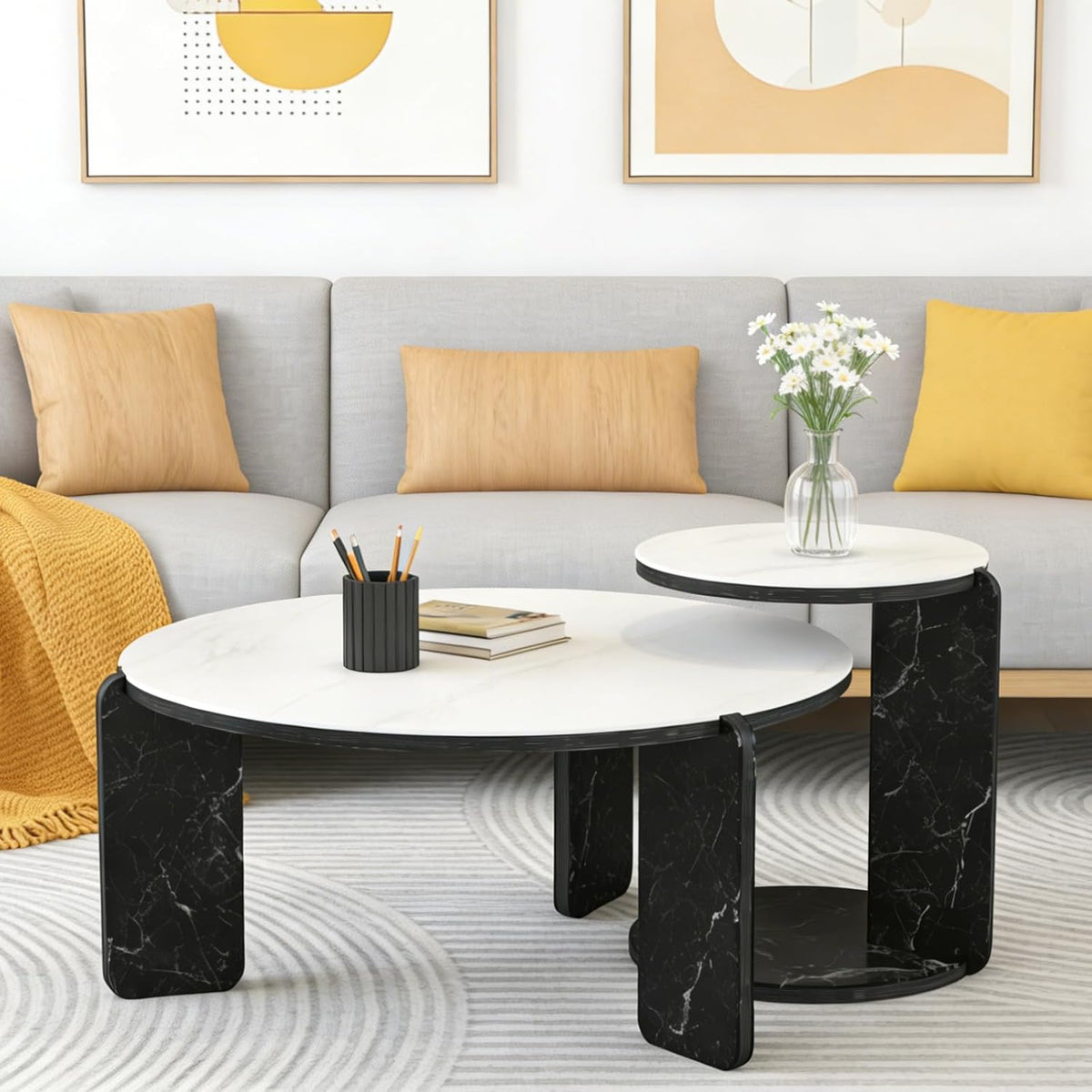 Modern Nesting Coffee Table Set of 2, 2-Piece Modern 32.68' & 16.93' Round Living Table Set with White Sintered Stone Top and Black Sintered Stone Legs for Living Room