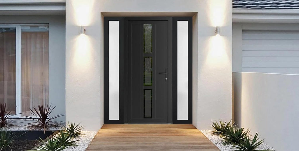 VDOMDOORS Front Exterior Prehung Metal-Plastic Door Frosted Glass | Manux 8112 Matte Black | 2 Side Sidelite Transoms | Residential Doors Entrance Patio Garage 64 x 80 (W14+36+14 x H80) Left-Inswing