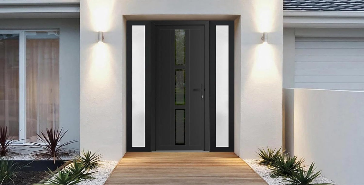 VDOMDOORS Front Exterior Prehung Metal-Plastic Door Frosted Glass | Manux 8112 Matte Black | 2 Side Sidelite Transoms | Residential Doors Entrance Patio Garage 64 x 80 (W14+36+14 x H80) Left-Inswing