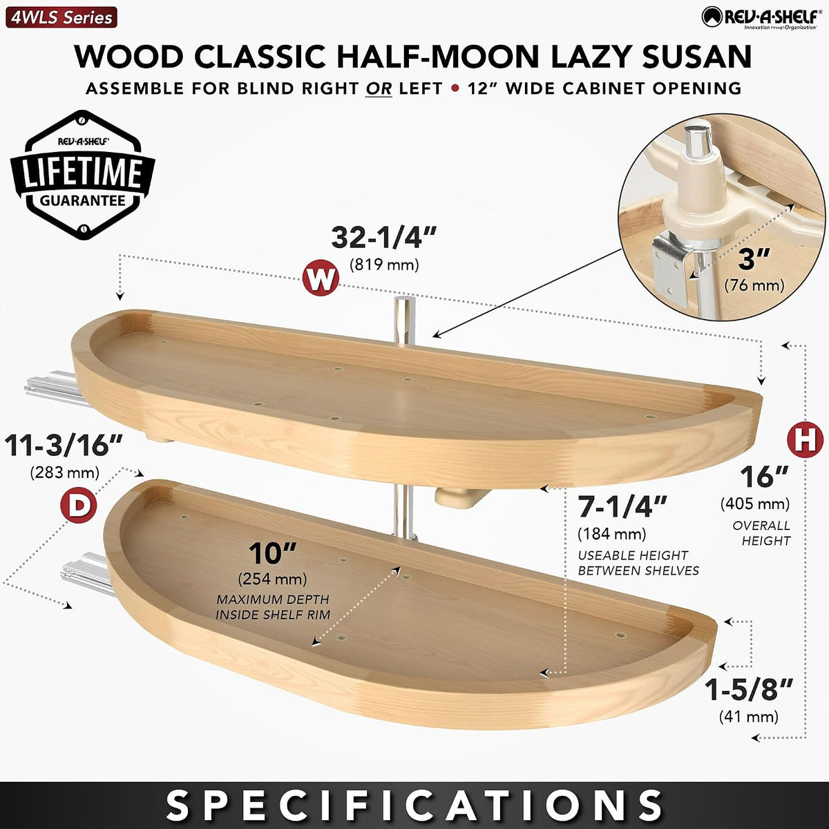 Rev-A-Shelf 32' Dual Shelf Half Moon Lazy Susan Organizer for Diagonal Blind Corner Kitchen Cabinets, Pullout Turntable Trays, Wood, 4WLS882-32-570