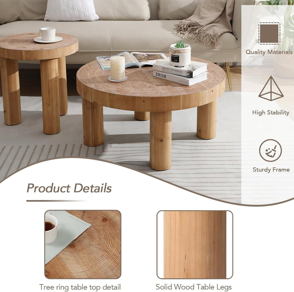 RUSTOWN 2-Piece Round Farmhouse Coffee Table, Rustic Coffee Table Sets, Circle Wooden Ring Finish with Solid Wood Legs, Center Tables Set for Living Room (Natural)