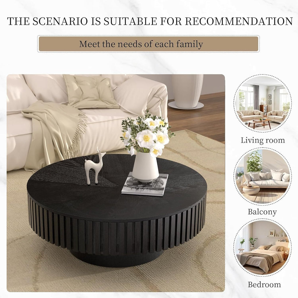 Fluted Round Coffee Table, Modern Wooden Coffee Table with Sturdy Base, Veneer Handcrafted Relief Circle Accent Center Tables for Living Room Apartment Small Space (HS)