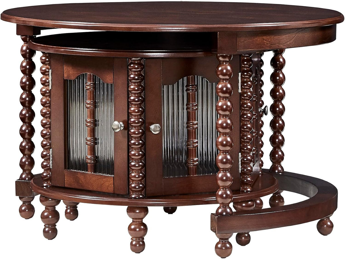 31.5' Walnut Nesting Coffee Table Set of 2, Vintage Round Coffee Table for Living Room with Storage Retro Beaded Leg End Side Table for Bedroom