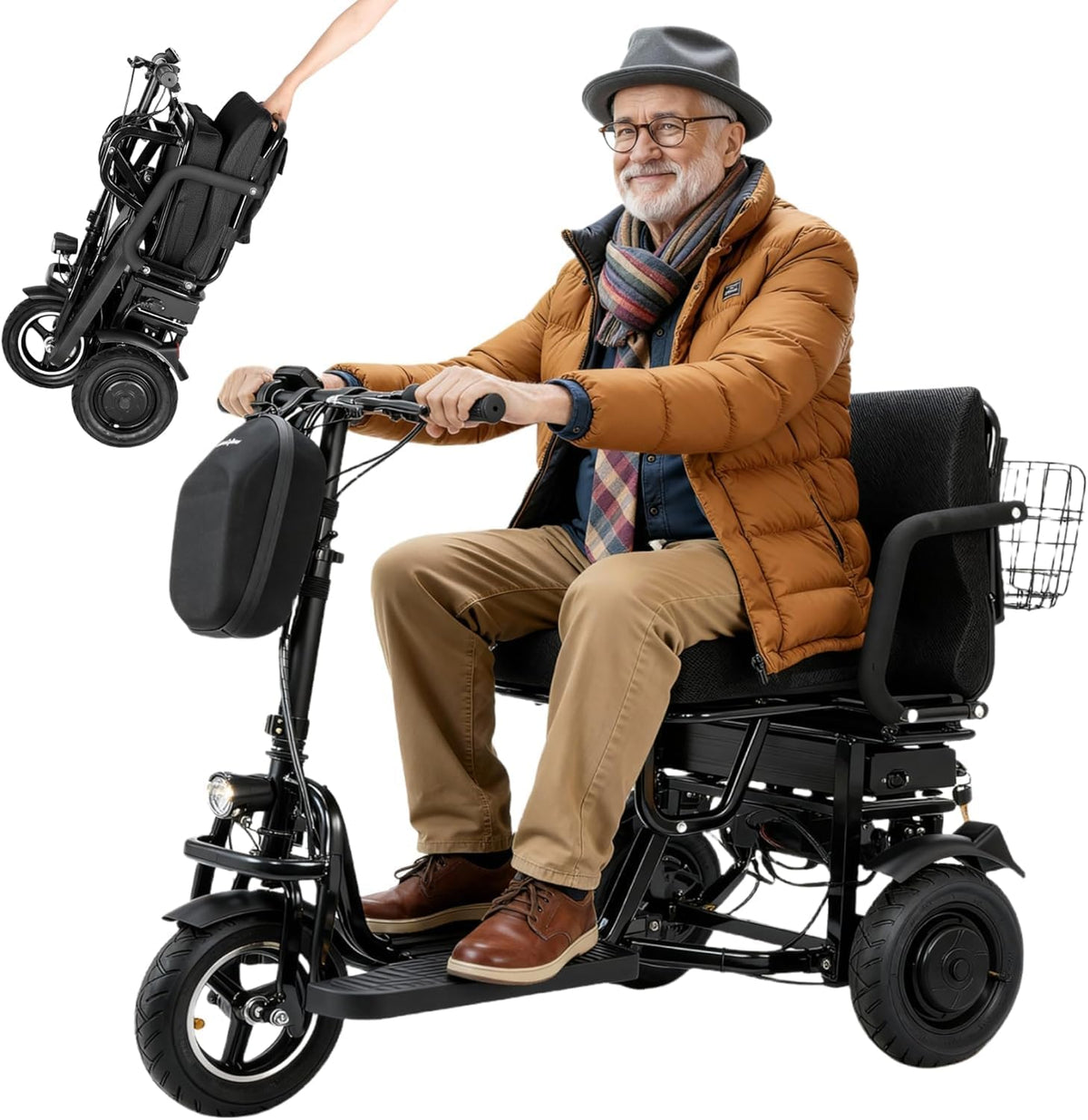 3 Wheel Mobility Scooter for Seniors Adults 300lbs 700W 48V10AH Basic + 48V6AH Airline Approved Battery Folding Handicap Scooter Elderly Collapsible Electric Mobility Scooters Foldable