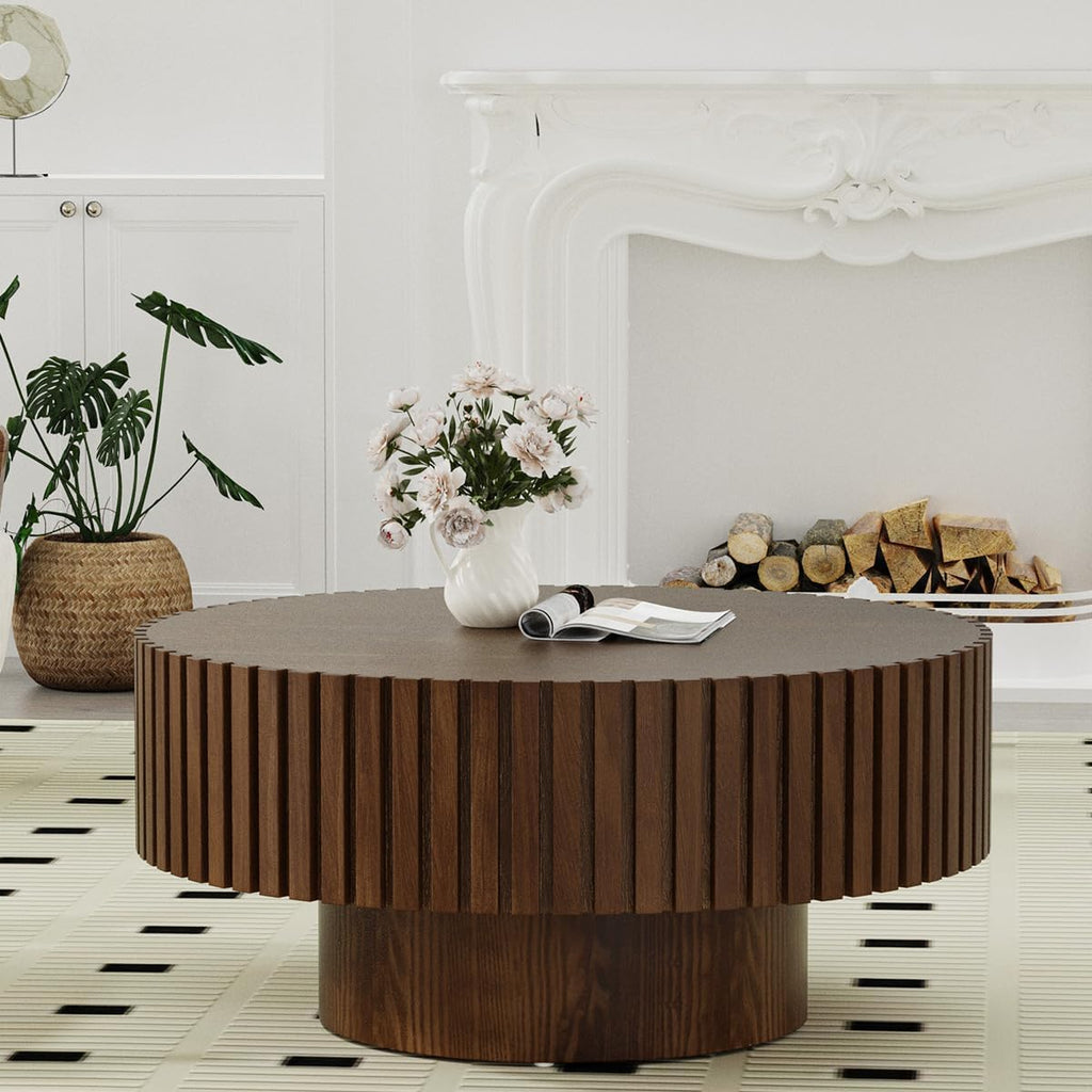 WXFKLDJ Round Drum Coffee Table Brown Fluted Coffee Table Wood Circle Center Table Pedestal End Table for Apartment Living Room (Dark Brown Round)