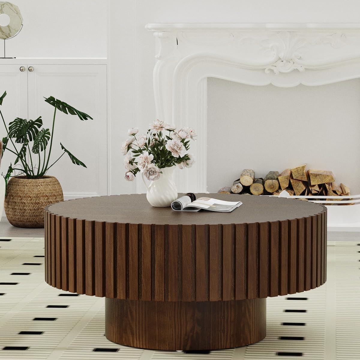 WXFKLDJ Round Drum Coffee Table Brown Fluted Coffee Table Wood Circle Center Table Pedestal End Table for Apartment Living Room (Dark Brown Round)
