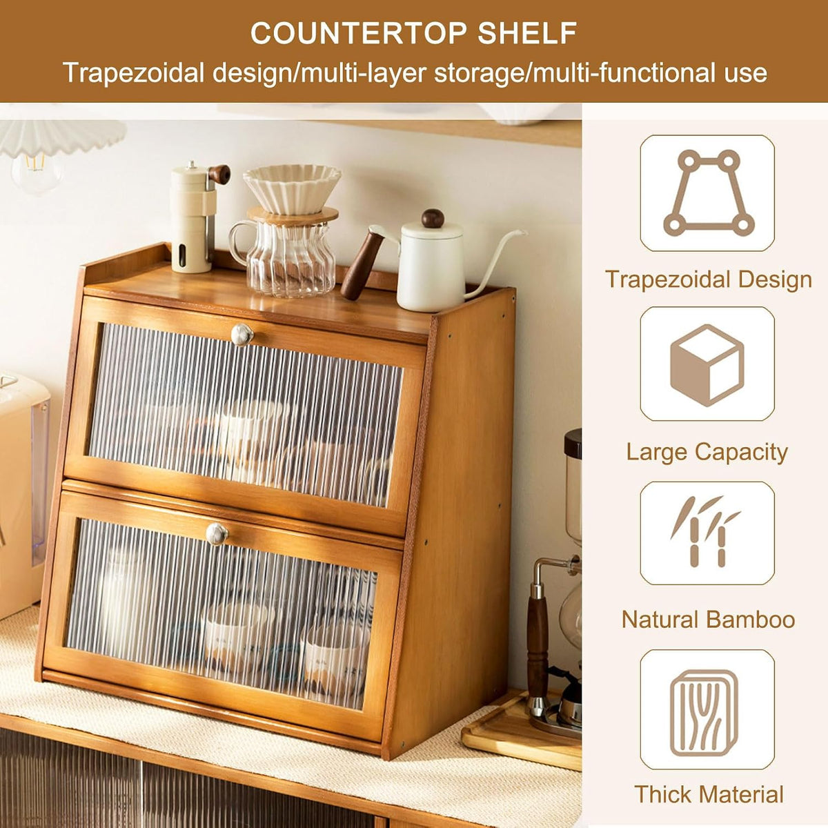 Spice Condiment Organizer, Double Layer Bamboo Bread Box, with Acrylic Window, Countertop Storage Cabinet Spice Rack Organizer Kitchen Countertop Storage Shelf,Wood,40×50cm/16×20in