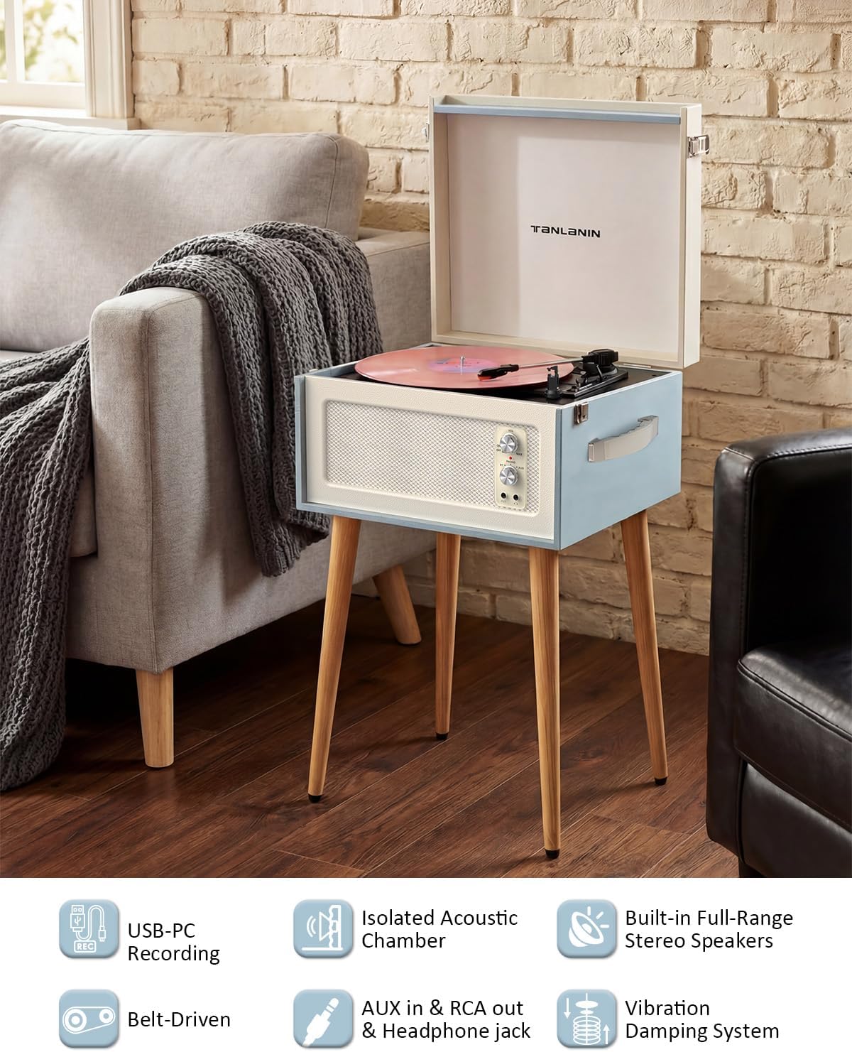 Vintage Standing Blue Vinyl Record Player with Detachable Legs, Built-in 4 Speakers, USB to PC Encoding, 33/45/78 RPM LP Player Bluetooth Retro Turntables Support Headphone Jack, RCA Out, AUX in