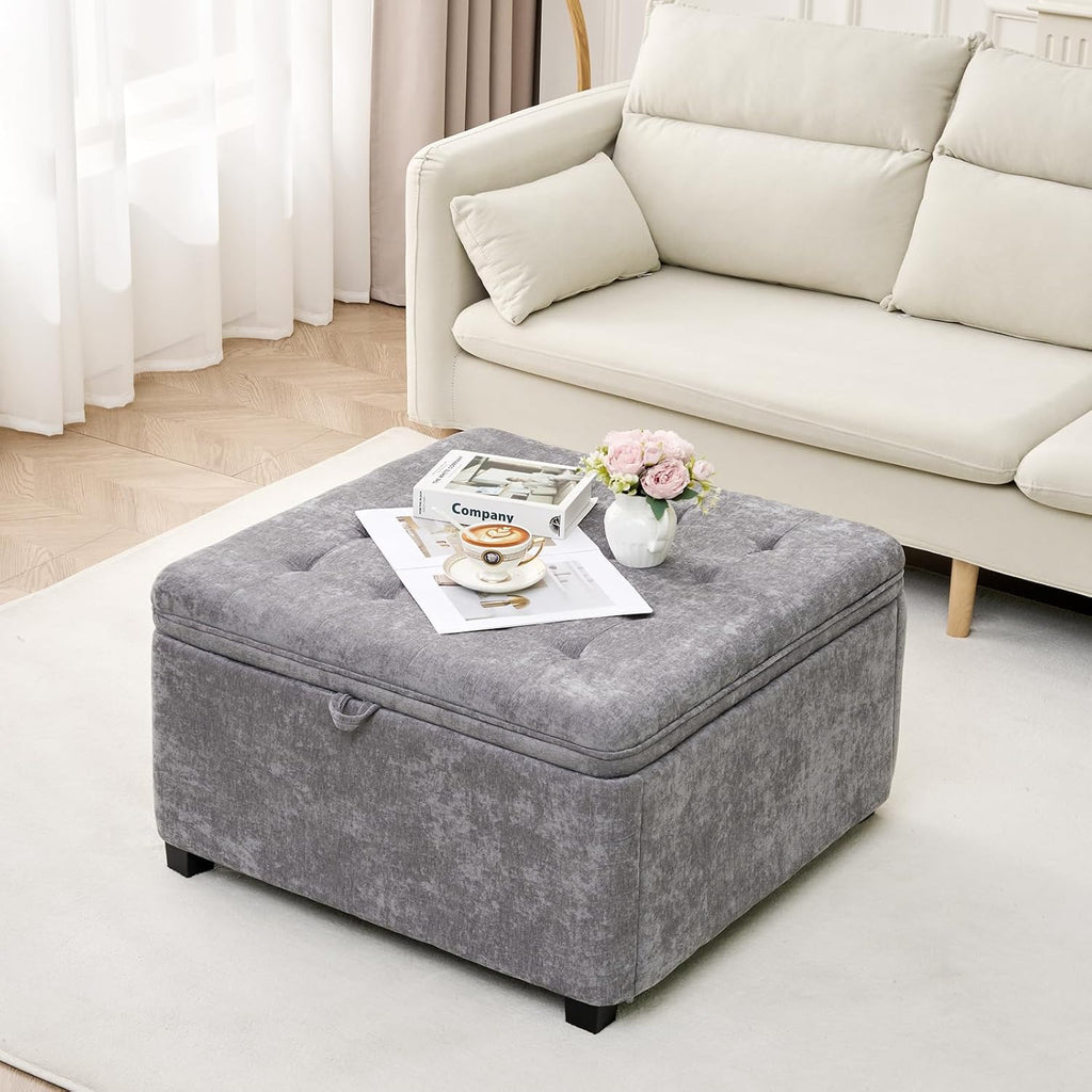 4-in-1 Storage Ottoman 30 Inch Large Hidden Storage Ottoman Foot Stool Square Ottoman Coffee Table with Soft-Close Hinge for Living Room (Gray)
