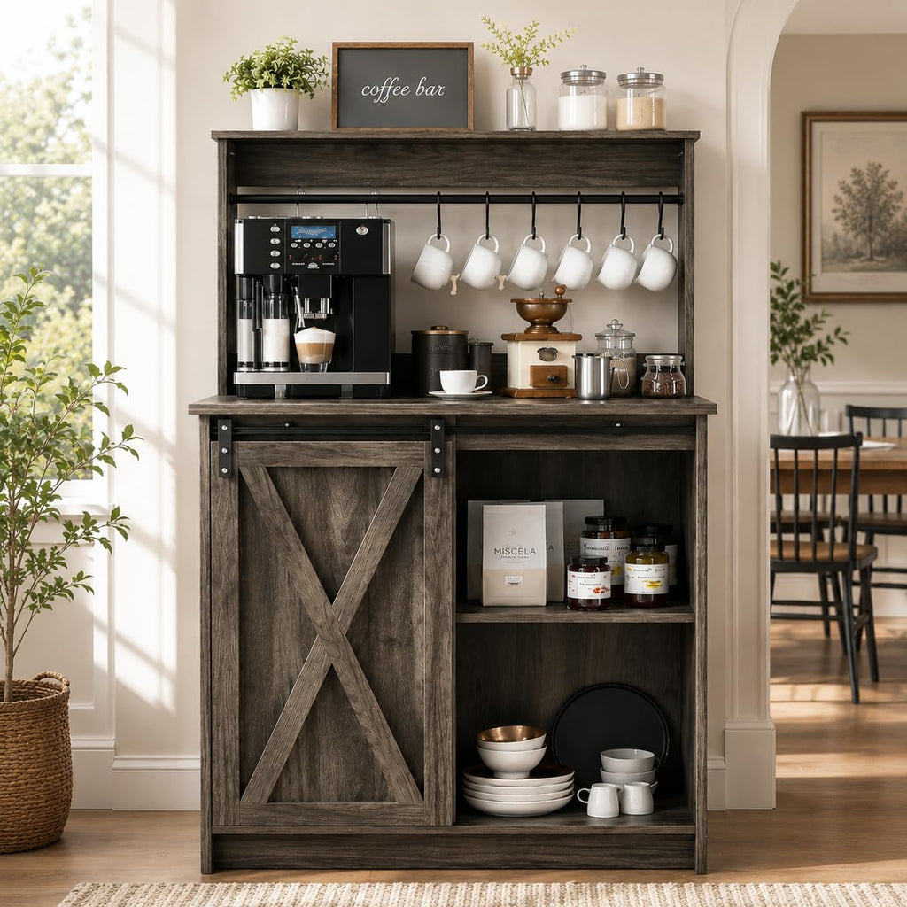 4ever2buy Farmhouse Coffee Bar with Hutch, 31 Inch Buffet Cabinet with Sliding Barn Door, Storage Bar Cabinet with 6 Hooks, Coffee Bar Table with Adjustable Shelves for Living Dining Room, Grey