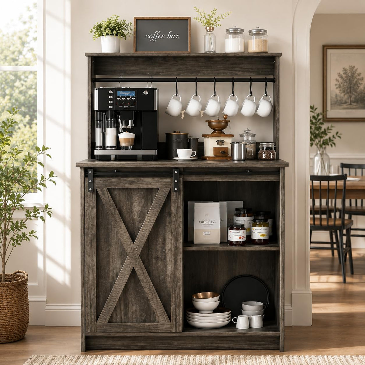 4ever2buy Farmhouse Coffee Bar with Hutch, 31 Inch Buffet Cabinet with Sliding Barn Door, Storage Bar Cabinet with 6 Hooks, Coffee Bar Table with Adjustable Shelves for Living Dining Room, Grey