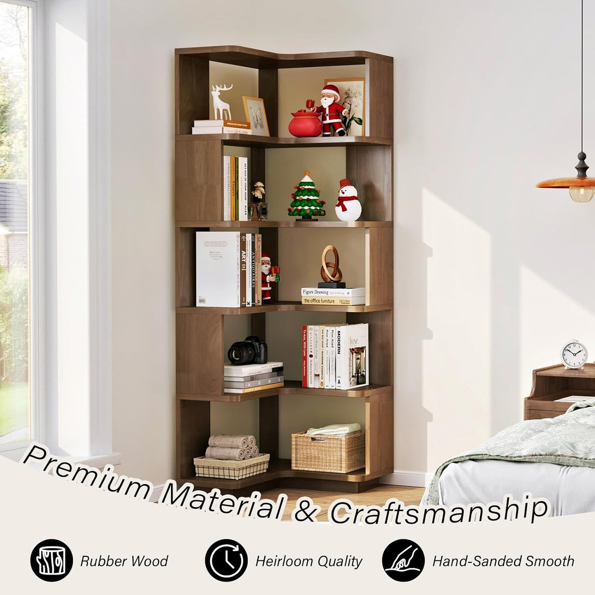 Corner Bookshelf 5-Tier L-Shaped, 66 Inch Tall Wooden Freestanding Bookcase, Modern Display Storage Organizer for Home Office, Living Room, Walnut