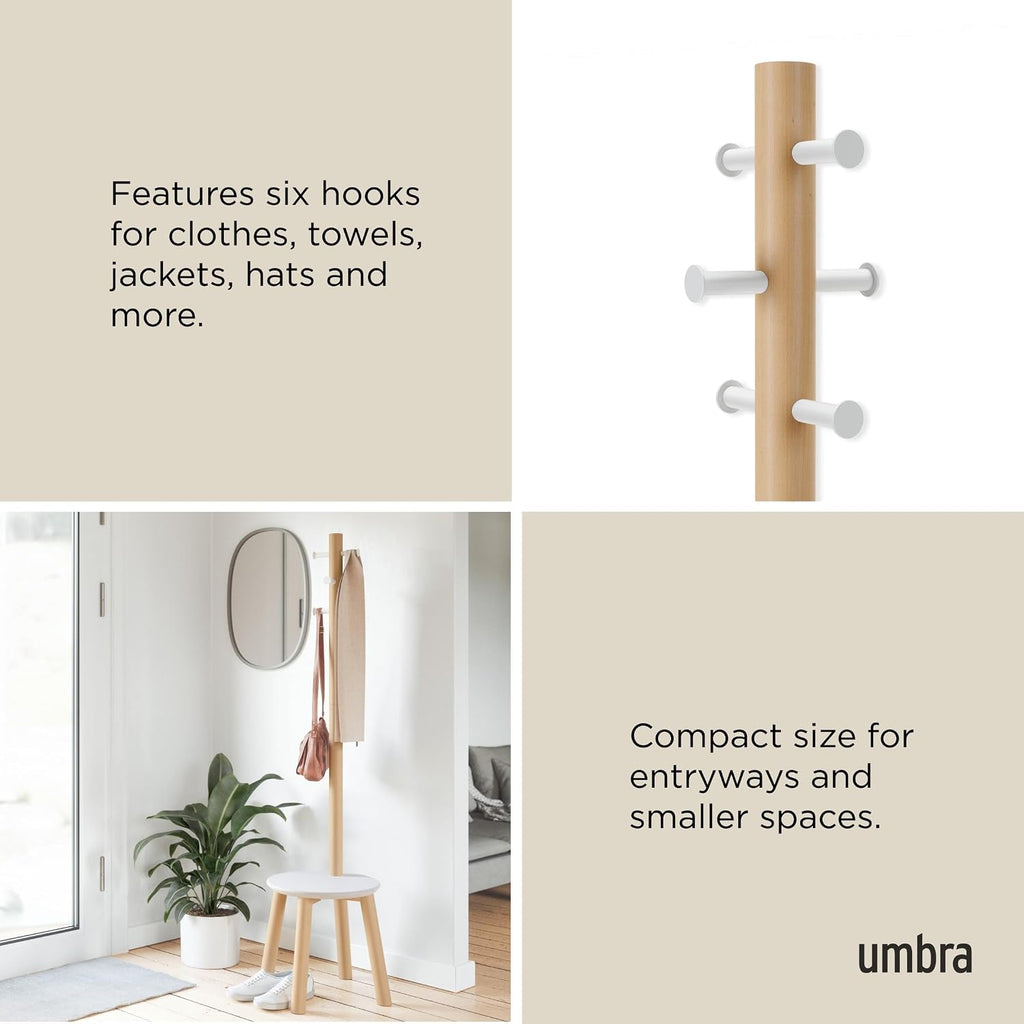 Umbra Pillar Coat Rack, Stool, Clothing Organizer, Umbrella Holder and Hat Organizer, Great for Entryway, White/Natural