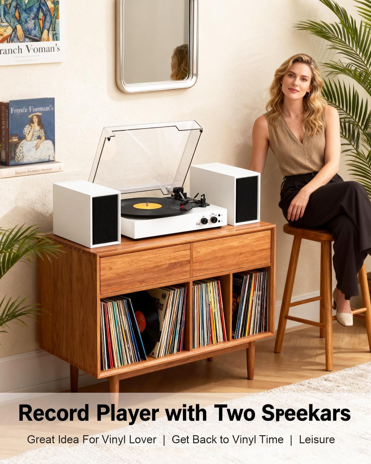 Bluetooth Record Player with External Stereo Speakers, Vintage 3-Speed Turntable | PC Recording Vinyl to MP3 | RCA Headphone Output & AUX Input for External Audio, White