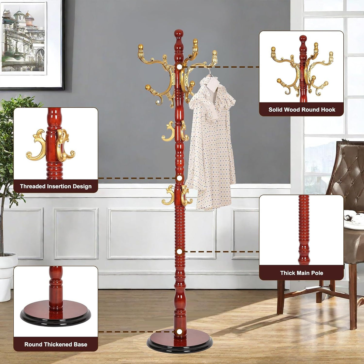 Solid Wood Coat Rack – 73' Freestanding Coat Racks Stand with 14 Hooks & Stable Base, Adjustable Height Modern Wooden Hall Tree for Entryway, Bedroom, Office, Home (Begonia Round)