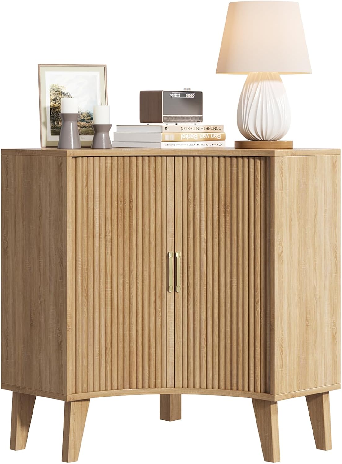 Fluted Corner Cabinet, Small Corner Floor Cabinet with 2-Sliding Doors and Adjustable Shelves, Freestanding Narrow Organizer for Small Space,Living Room, Dining RoomBathroom.Natural