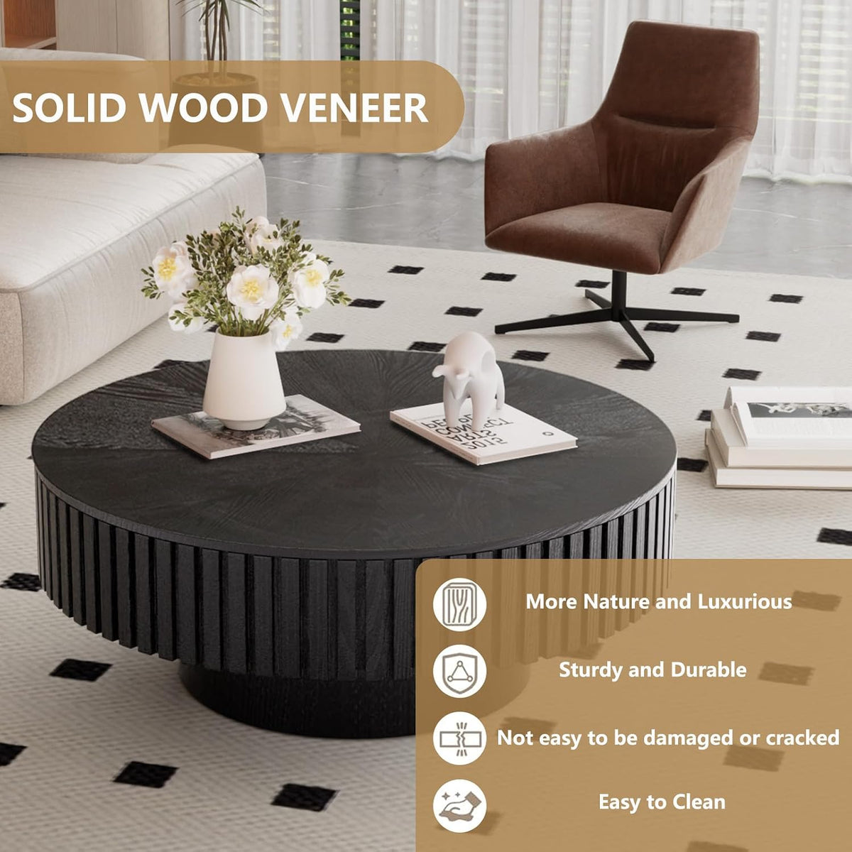 Round Handcraft Fluted Coffee Table with Sturdy Stable Pedestal Modern Luxury Drum Center Table Circle Accent Base Center Tables for Living Room Apartment (J)