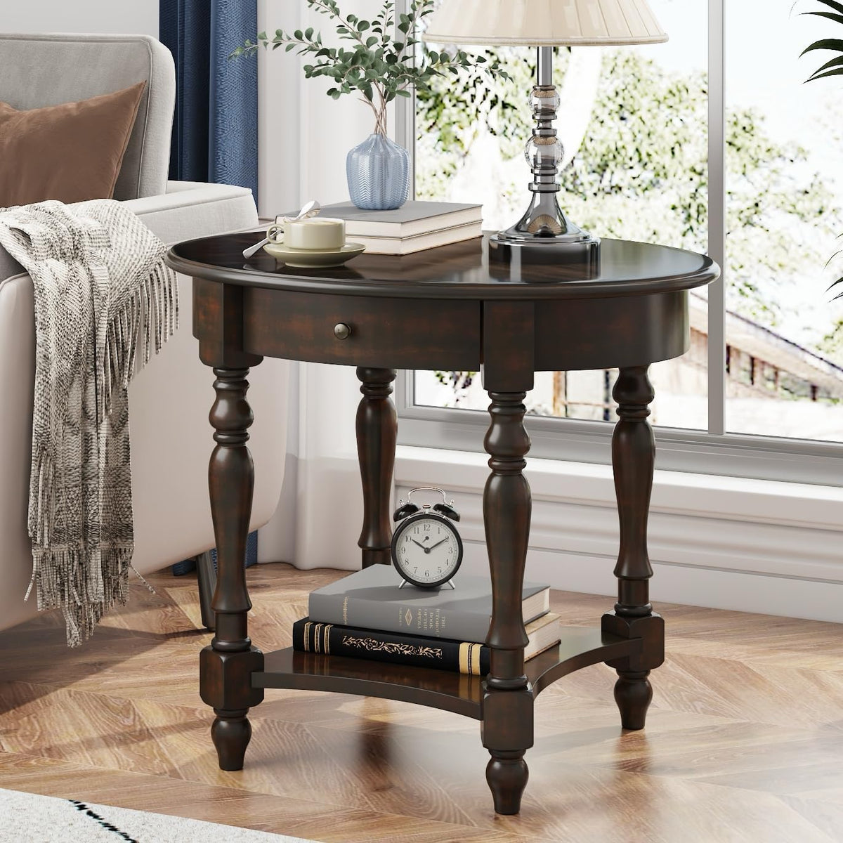 Oval End Table with Drawer, Solid Wood Sofa Side Table with Storage Shelf, Traditional Living Room Corner Table, Nightstand, Easy Assembly 28' x 22' x 24' Retro Walnut CJZ2233DC