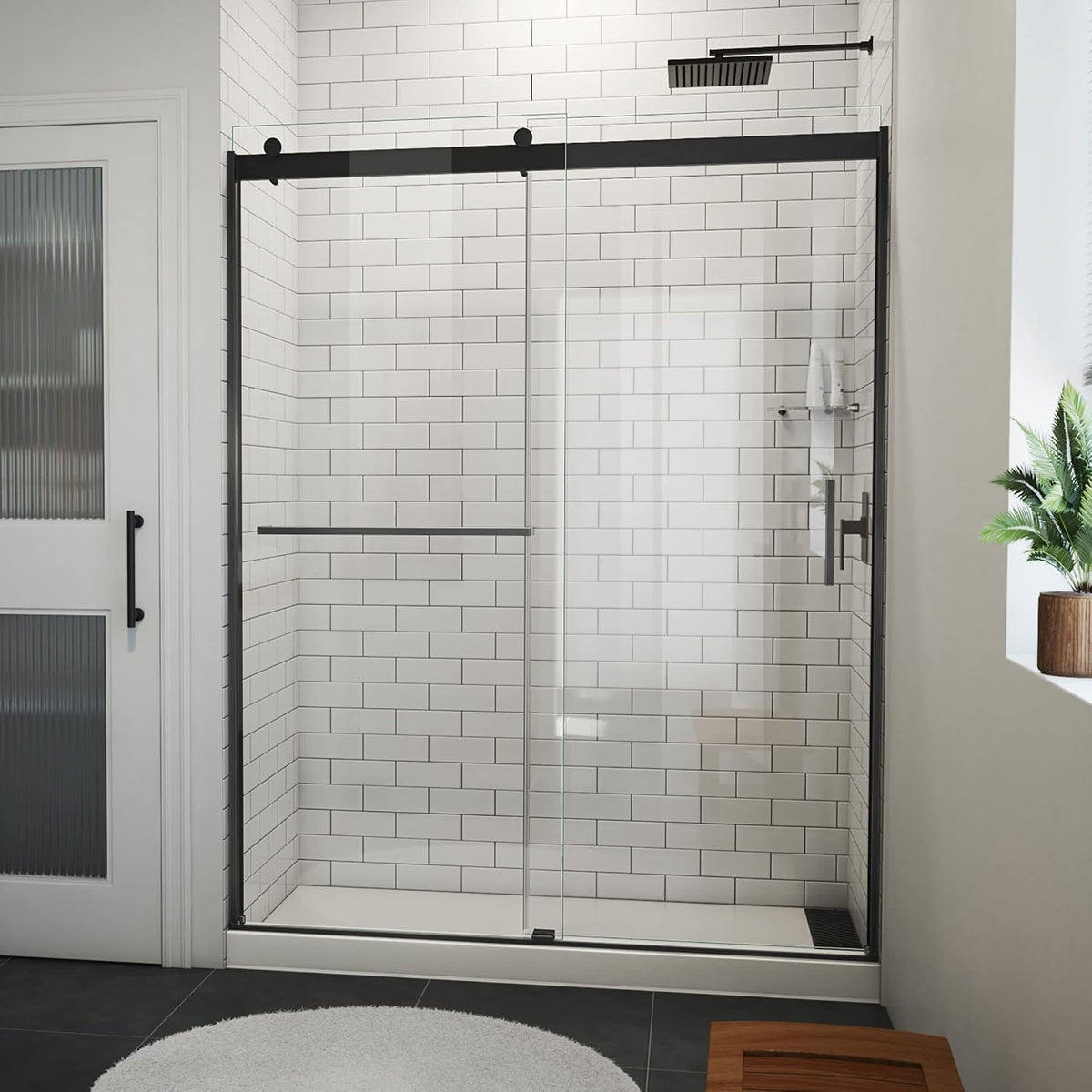 DreamLine Sapphire-V 56-60 inch W x 76 inch H Semi-Frameless Bypass Shower Door in Matte Black