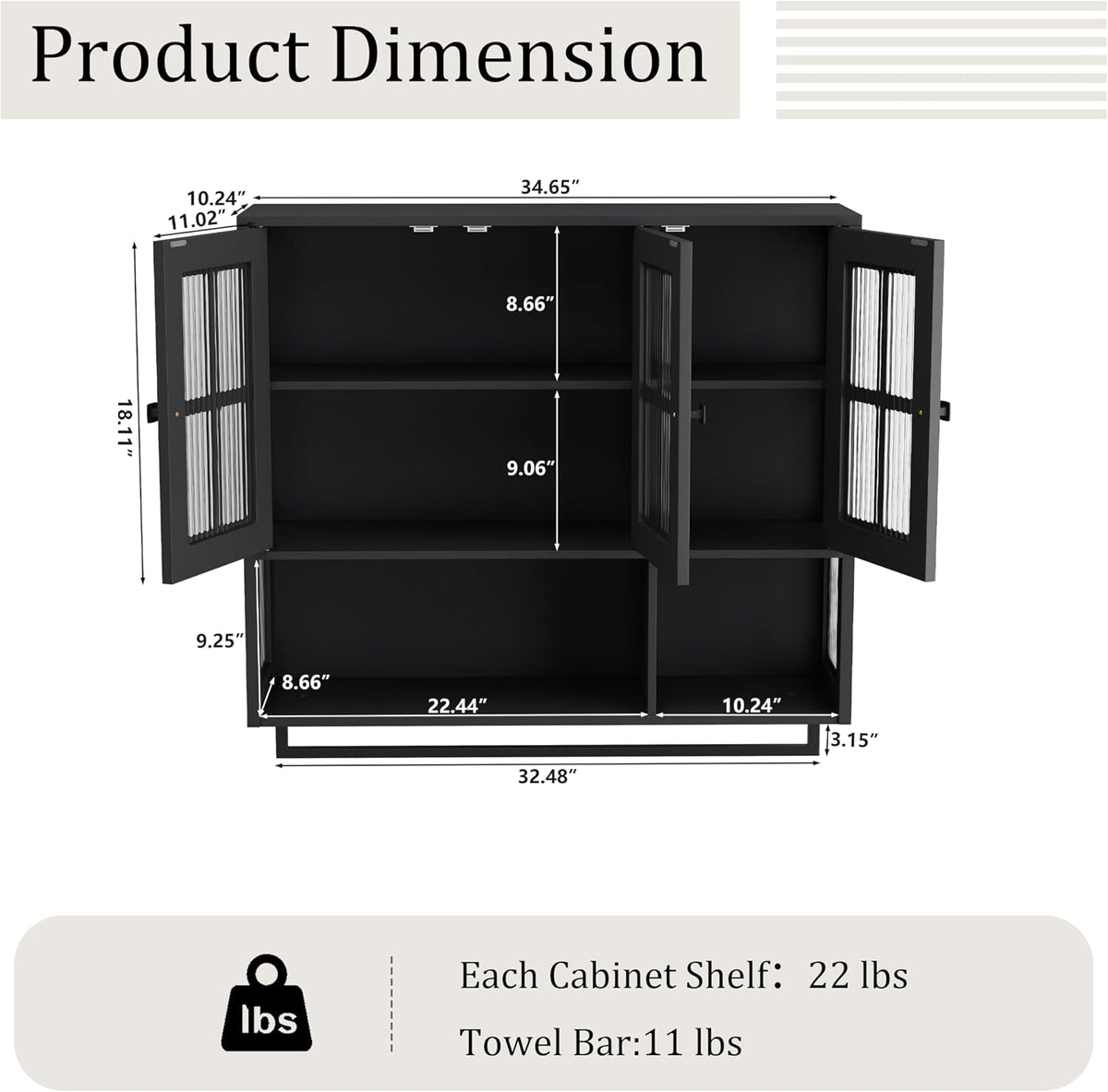 Bathroom Wall Cabinet Over The Toilet, 3 Door Wooden Medicine Cabinet with Open Shelf & Glass Door, Space Saving Storage Organizer with Towel Bar (Black)
