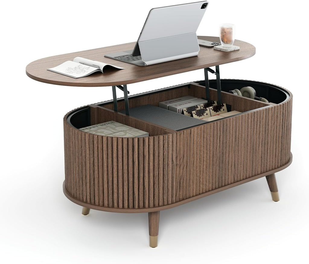 Jiansu furni Lift Top Coffee Table with Storage,42.5' Oval Coffee Table with Hidden Compartment & Solid Wood Legs,Modern Fluted Center Table for Living Room,Home Office,Walnut