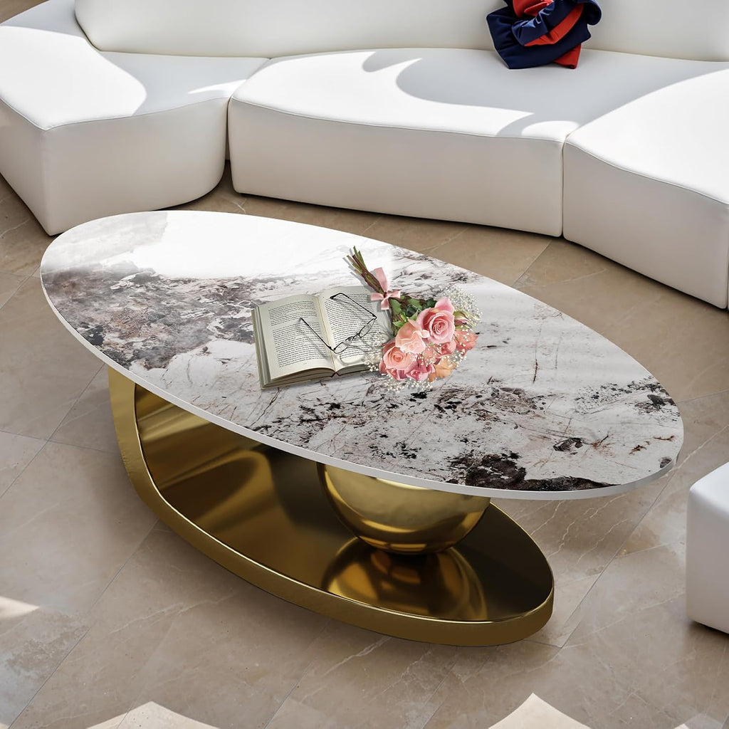 49.2' Oval Stone Coffee Table, Modern Center Tables with Sturdy Metal Base, Faux Marble Coffee Table with Pandora Textured Stone Tabletop, Tables for Living Room, Office, Gold