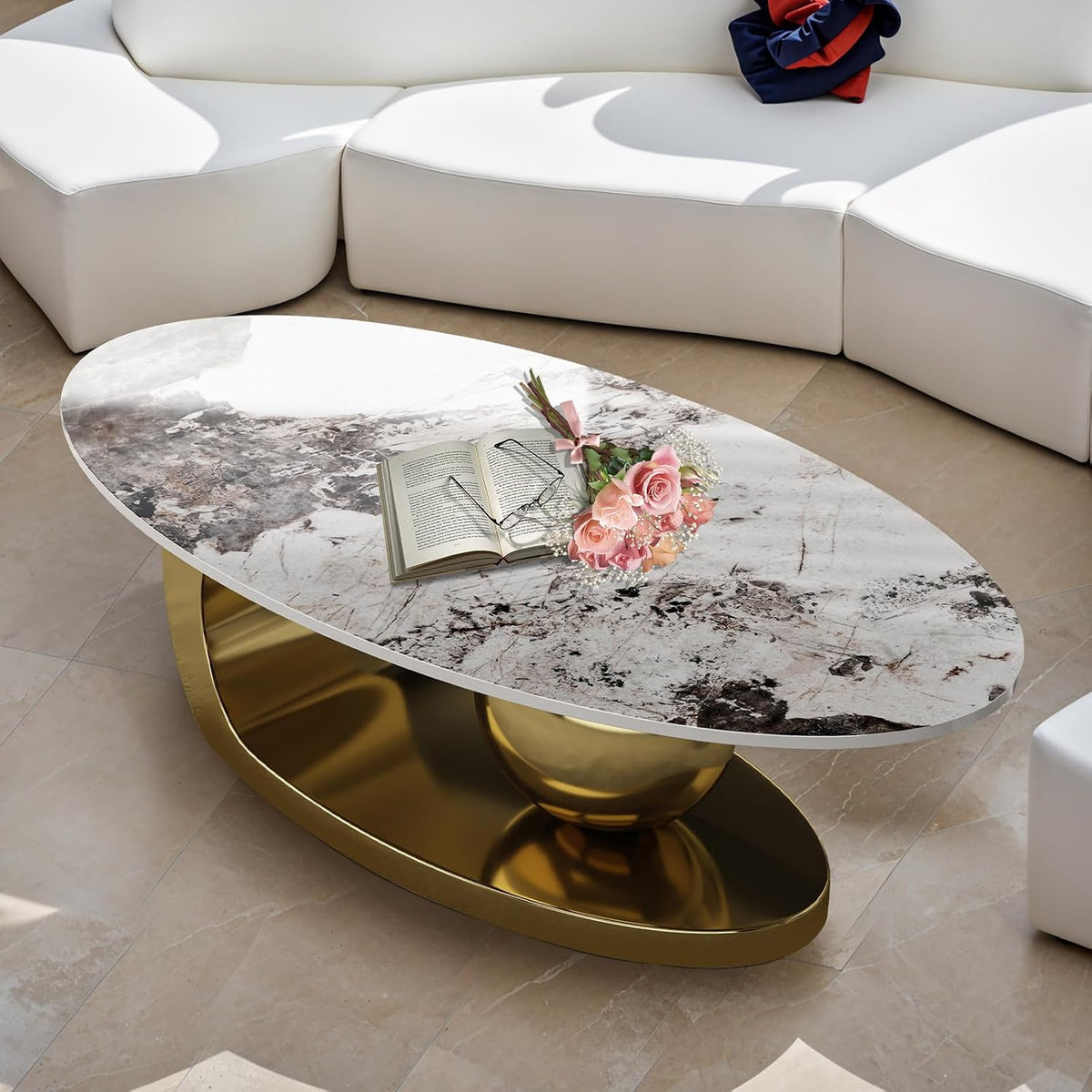 49.2' Oval Stone Coffee Table, Modern Center Tables with Sturdy Metal Base, Faux Marble Coffee Table with Pandora Textured Stone Tabletop, Tables for Living Room, Office, Gold