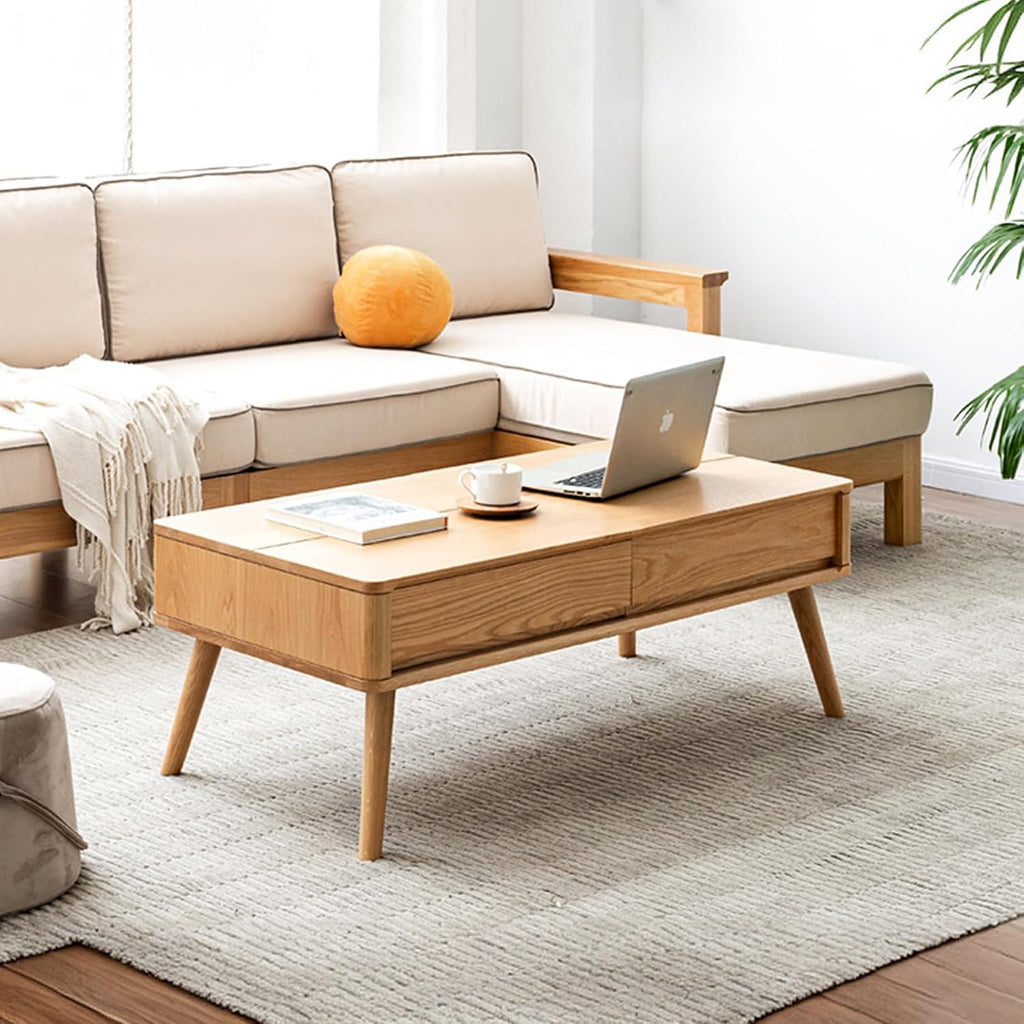 100% Solid Wood Lift Top Coffee Table for Living Room, Mid Century Modern Tables with Drawers and Large Storage, Oak Coffee Tables for Small Spaces (Oak Wood Log, 39.37' W x 21.65' D x 25.59' H)