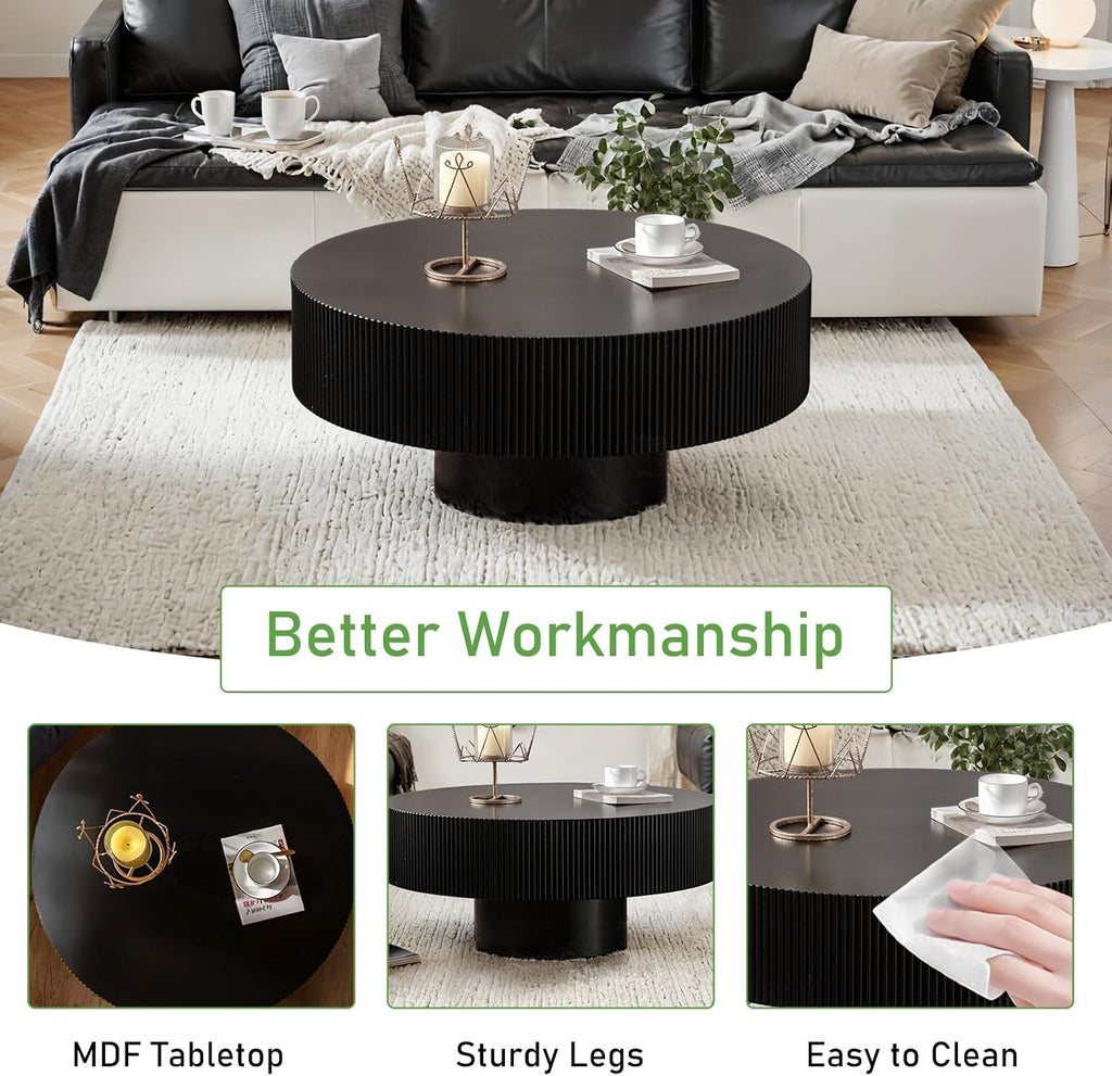 Modern Round Coffee Table for Living Room Drum Round Fluted Coffee Table Circular Pedestal Center Table for Office Patio (Black Thick)