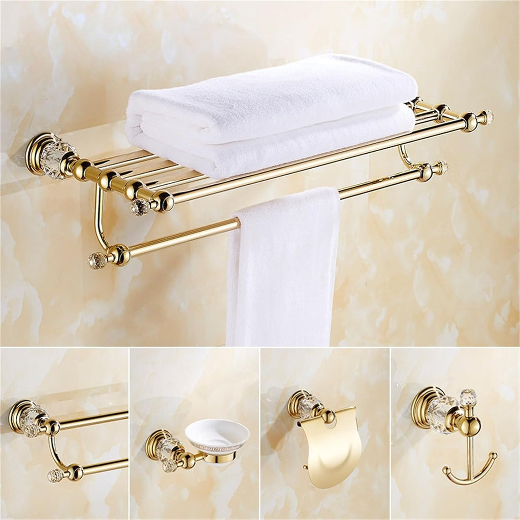 Shower Shelf Toilet Paper Holder Golden Crystal Wall Mounted Towel Bar Bathroom Accessories Set(Movable Three-bar)