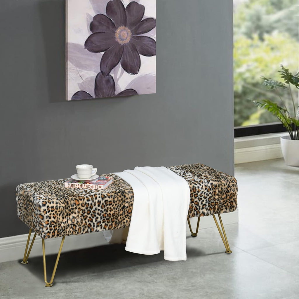 Leopard Print Rectangle Ottoman 46'x16'x17' Faux Fur Entryway Bench Footrest Stool Accent Seating Cheetah Furry Ottoman Bedroom Vanity End of Bed for Bathroom Living Room Decor