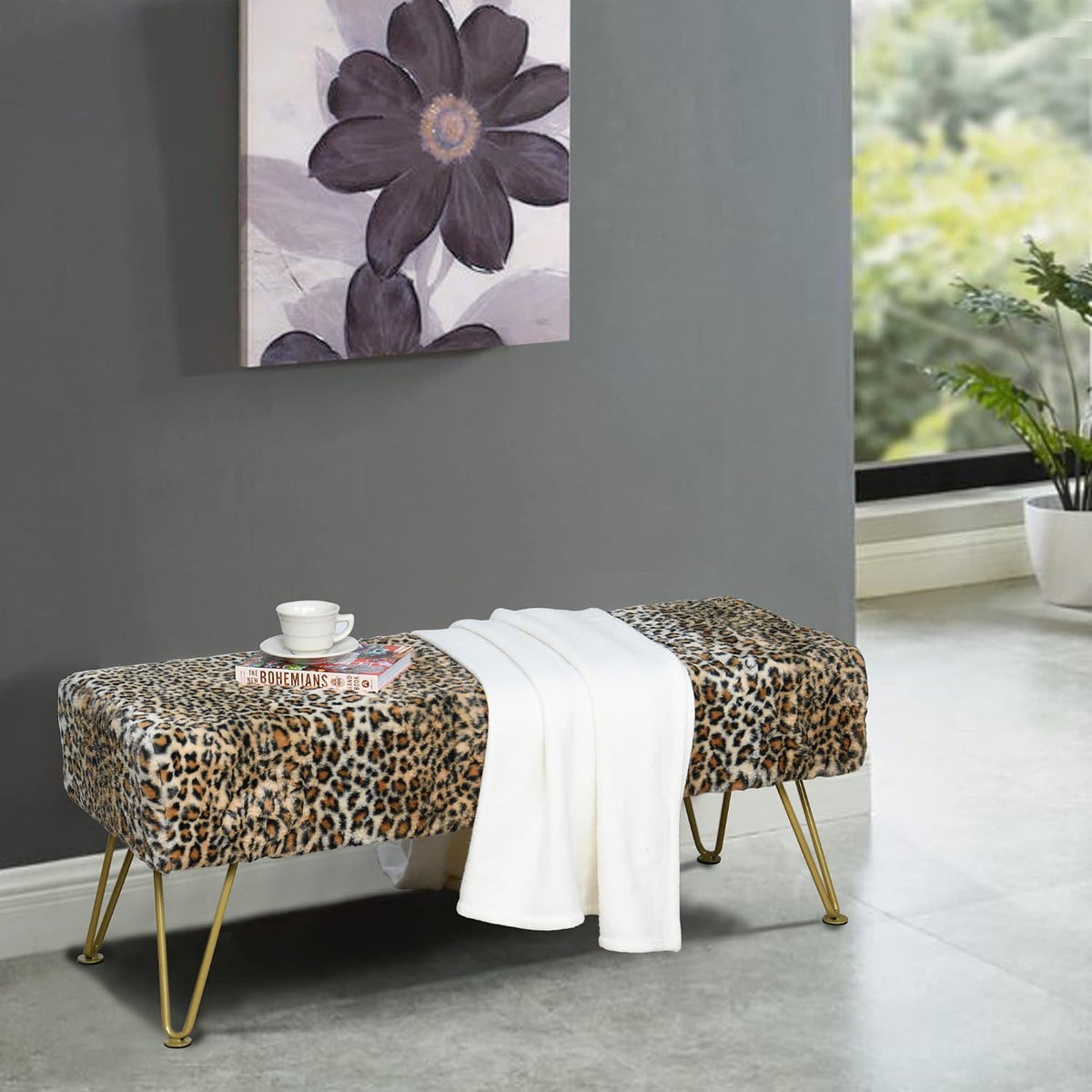 Leopard Print Rectangle Ottoman 46'x16'x17' Faux Fur Entryway Bench Footrest Stool Accent Seating Cheetah Furry Ottoman Bedroom Vanity End of Bed for Bathroom Living Room Decor