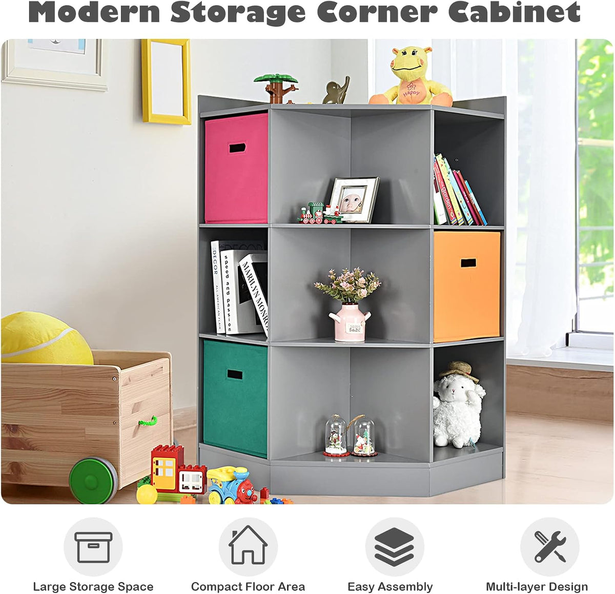 HONEY JOY Kids Toy Storage Organizer, 9-Cubby Toy Bin Organization Storage Cabinet w/Display Shelf & 3 Removable Basket, Wooden Corner Storage Unit for Playroom, Kids Bedroom, Nursery Daycare(Gray)