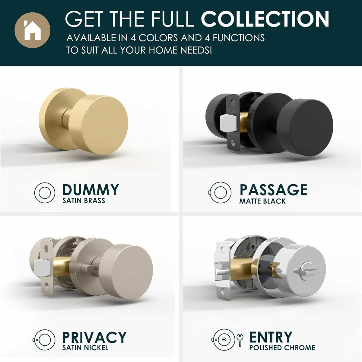 Mega Handles Buena Passage Door Knob for Hallway, Closet and Bathroom, Reversible Heavy Duty Design Door Knobs, Fits All Standard Door Sizes, Screws Included - Satin Brass (16 Pack)