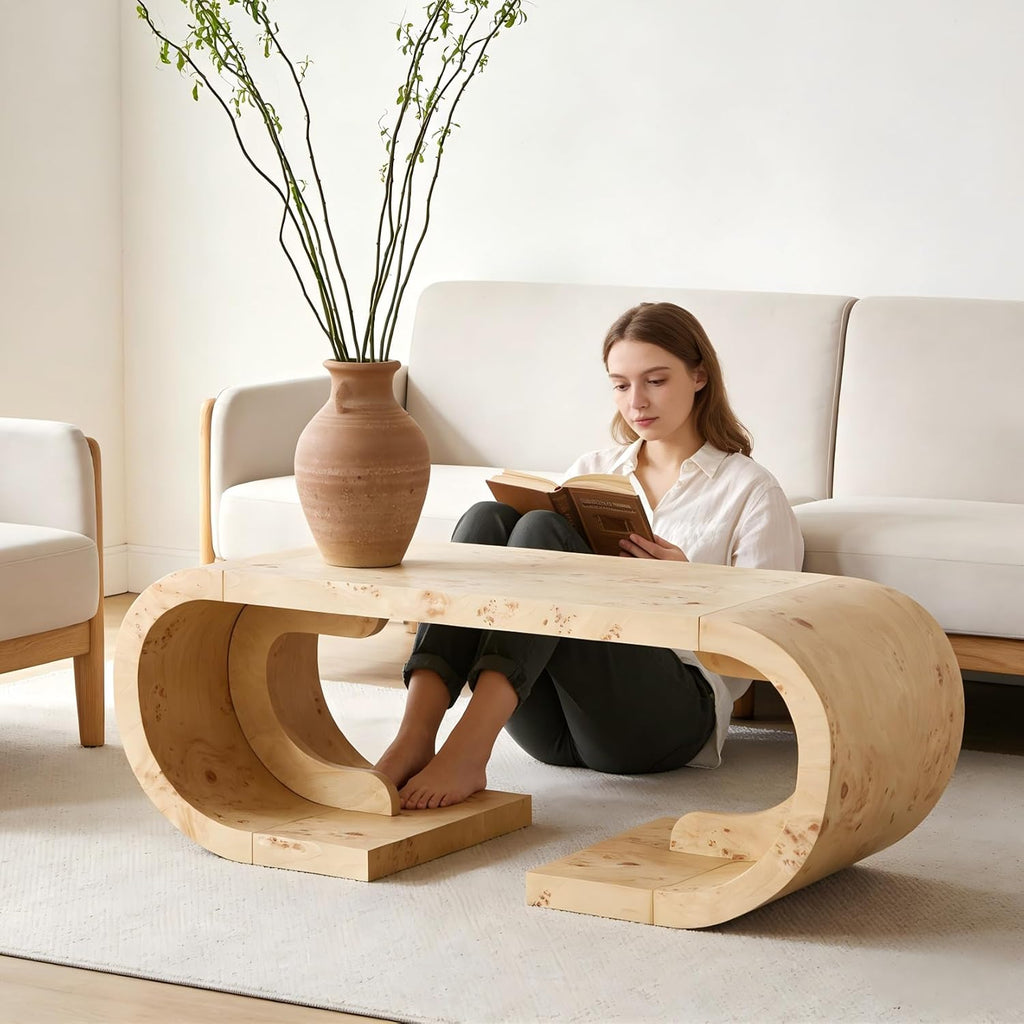 SSLine Mid-Century 47.24' Curved Coffee Table with Pedestal Base Burl Wood Veneer Natural Grain Top Center Table C-Shaped Center Tables for Living Room Bedroom