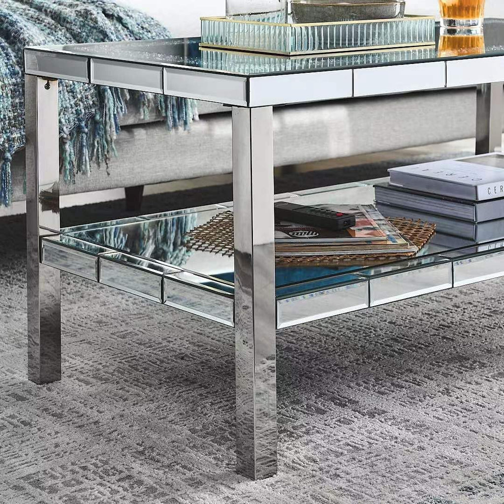 Modern Mirrored Coffee Table for Living Room Luxury Cocktail Center Table with Silver Mirror Finish Rectangular Coffee Table with Shining Crystal Inlay