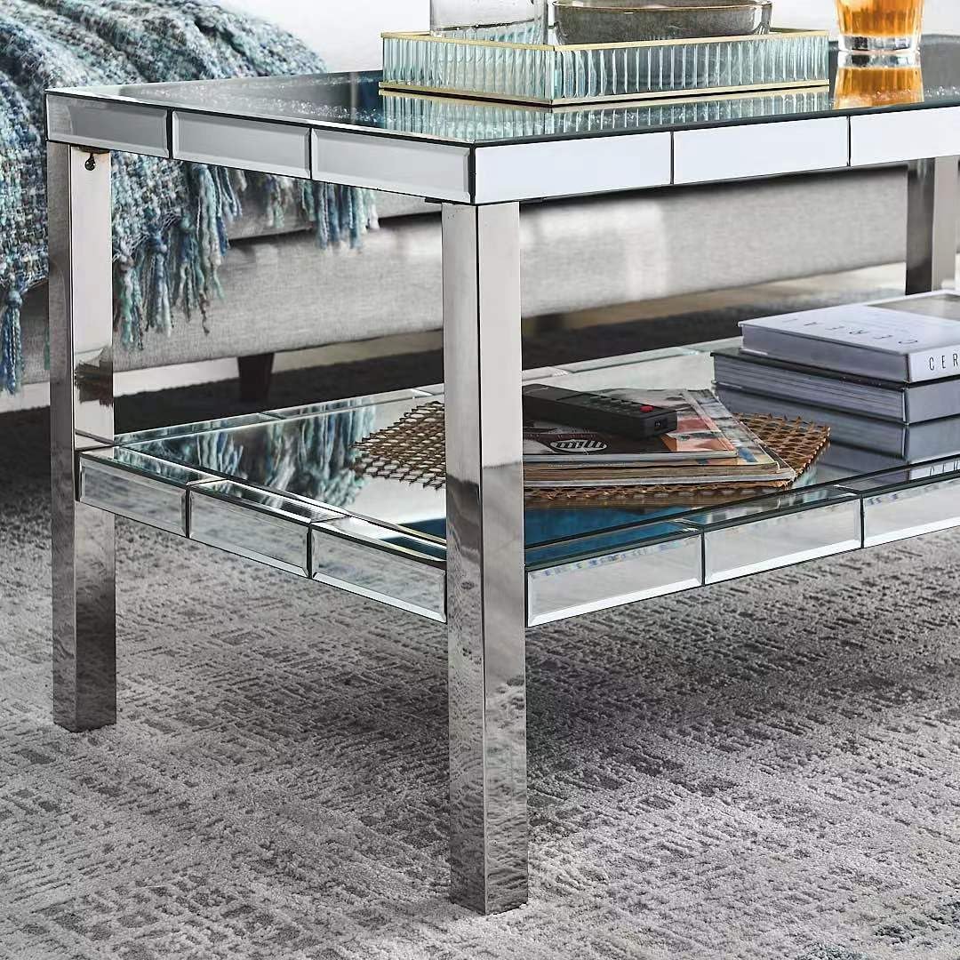Modern Mirrored Coffee Table for Living Room Luxury Cocktail Center Table with Silver Mirror Finish Rectangular Coffee Table with Shining Crystal Inlay
