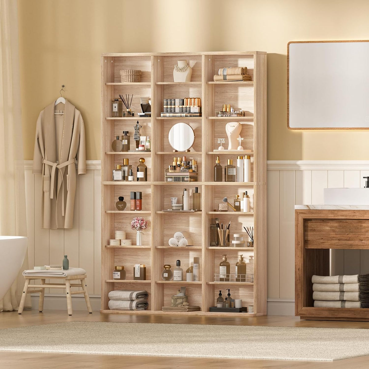 8 Tier Tall Display Cabinet, Natural Media Storage Cabinet with Adjustable Shelves, Free Standing DVD Organizer Shelf, Floor multimedia storage manga bookshelf for Living Room & Home Office.