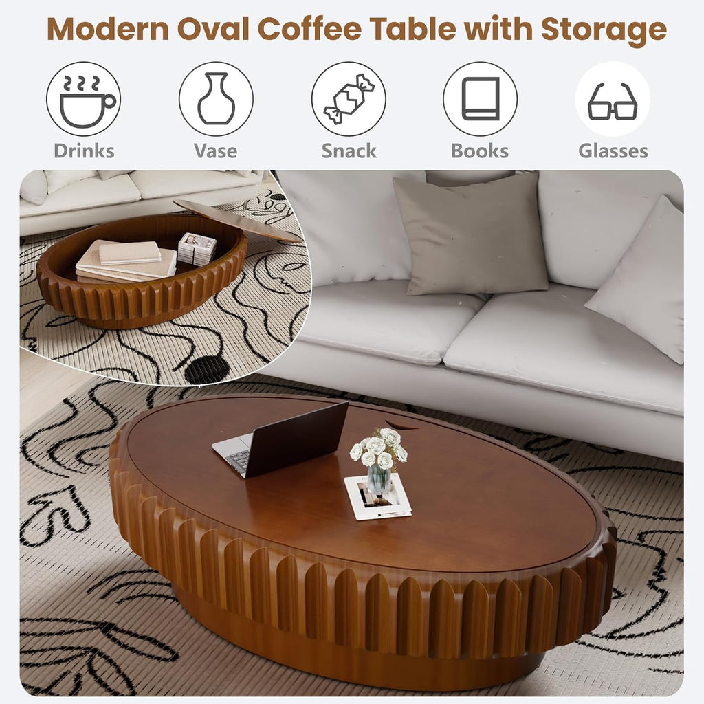 43.3'' Oval Coffee Table with Storage Drum Coffee Tables with Solid Wood Fluted, Modern Wooden Accent Center Table for Living Room, Apartment, Home, Office - Brown (Brown 43.3')