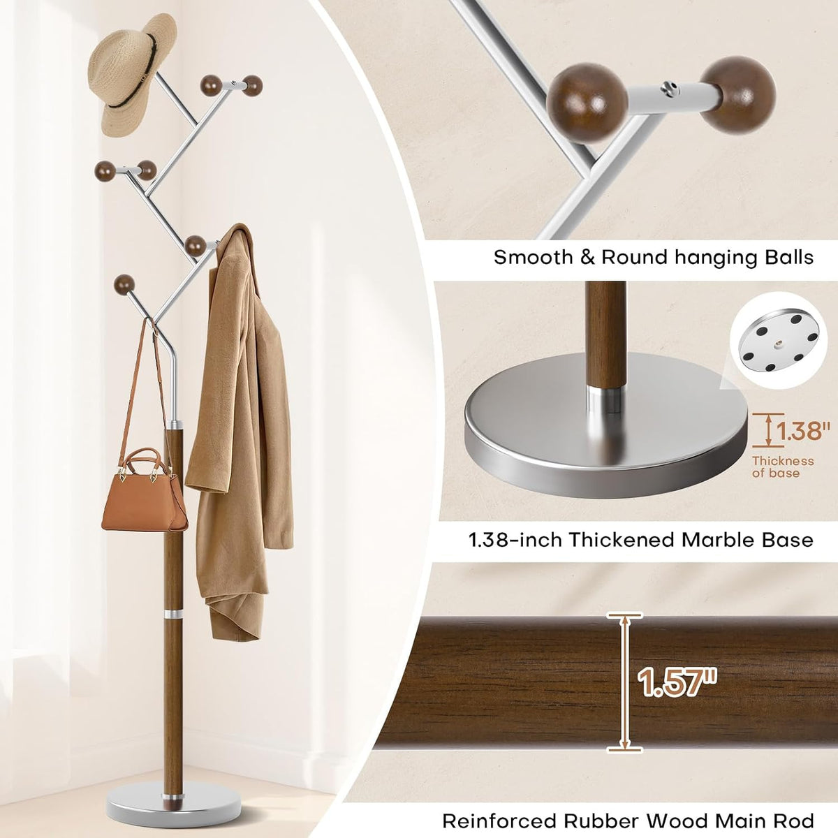 Coat Rack Freestanding, Metal Coat Tree with 8 Rubber Wood Hooks, Heavy Duty Coat Hanger Stand with Marble and Stainless Steel Base, Standing Hall Tree for Clothes, Hats, Bags, Jacket