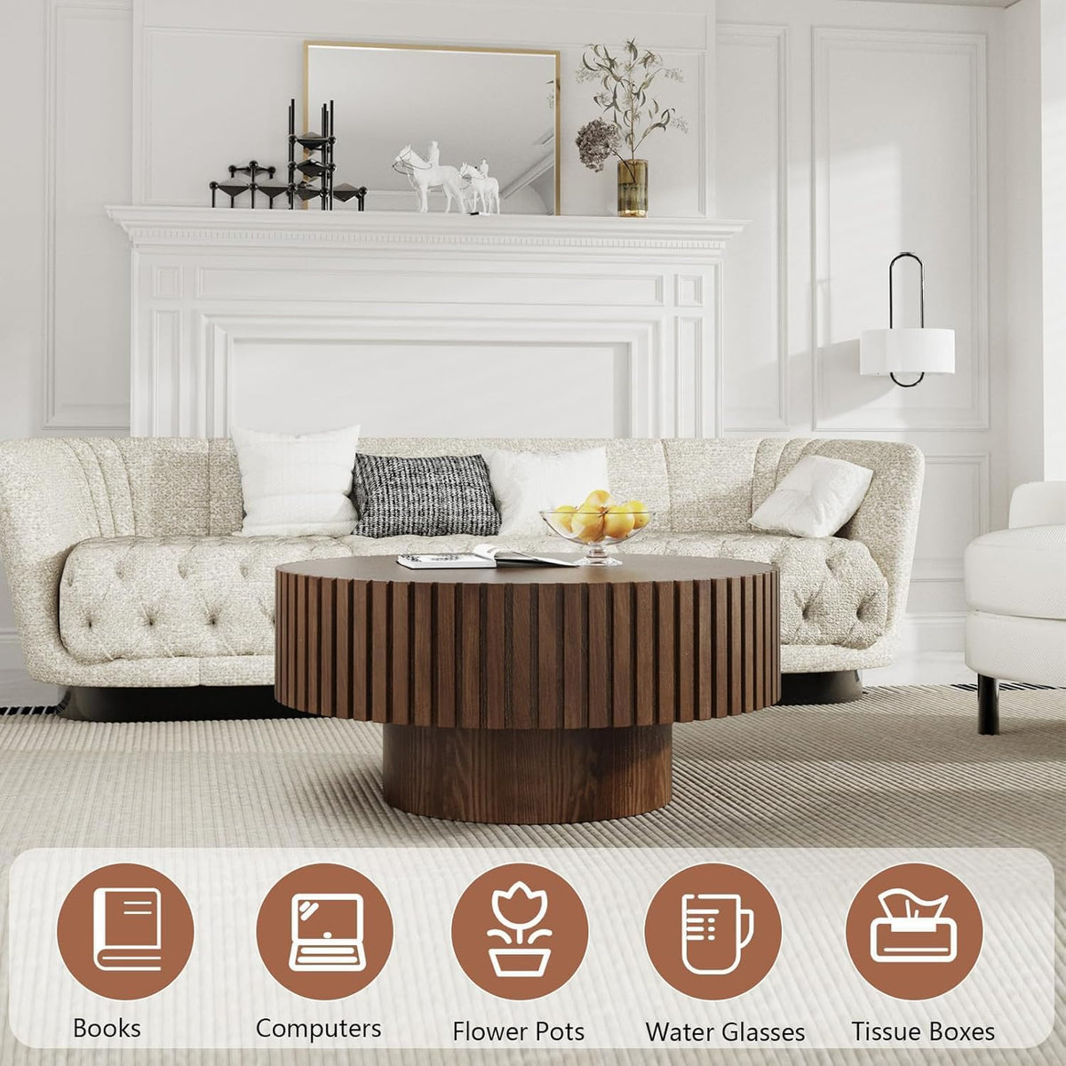 WXFKLDJ Round Drum Coffee Table Brown Fluted Coffee Table Wood Circle Center Table Pedestal End Table for Apartment Living Room (Dark Brown Round)