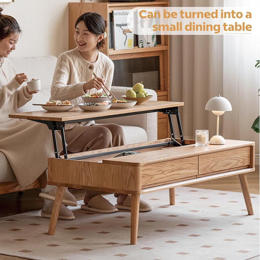 100% Solid Wood Lift Top Coffee Table for Living Room, Mid Century Modern Tables with Drawers and Large Storage, Oak Coffee Tables for Small Spaces (Oak Wood Log, 39.37' W x 21.65' D x 25.59' H)