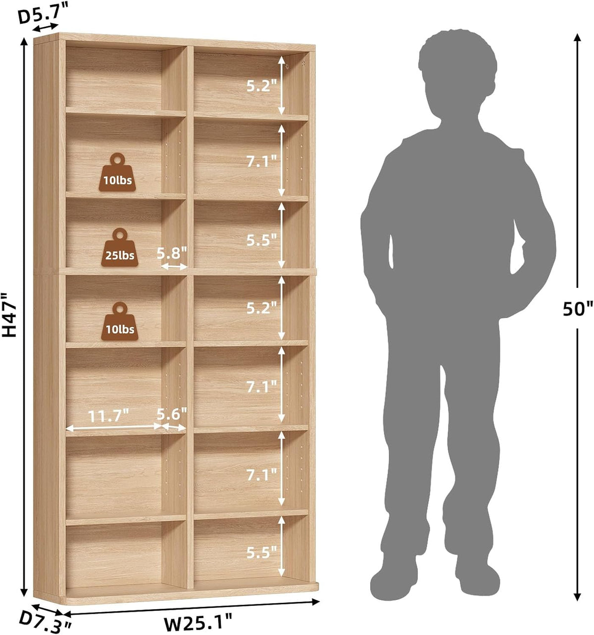 7 Tier Tall Display Cabinet, Natural Media Storage Cabinet with Adjustable Shelves, Free Standing DVD Organizer Shelf, Floor multimedia storage manga bookshelf for Living Room & Home Office.