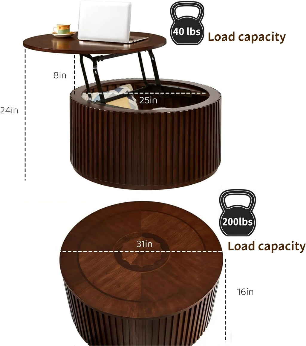 Round Lift Top Coffee Table with Storage, Wood Circle Center Table No Assembly Required with Large Hidden Compartment, Modern Drum Coffee Table for Living Room, Office (31'x31'x16')