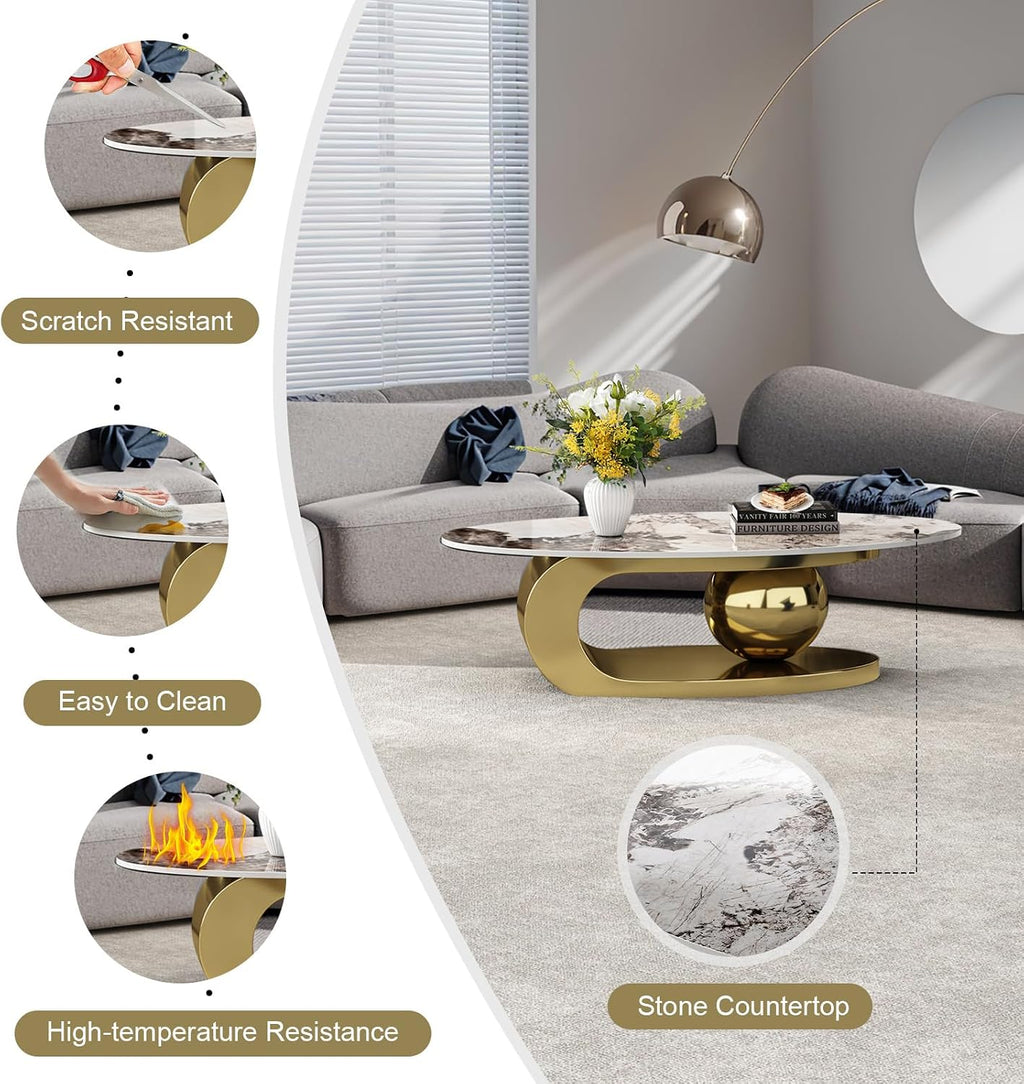 49.2' Oval Stone Coffee Table, Modern Center Tables with Sturdy Metal Base, Faux Marble Coffee Table with Pandora Textured Stone Tabletop, Tables for Living Room, Office, Gold