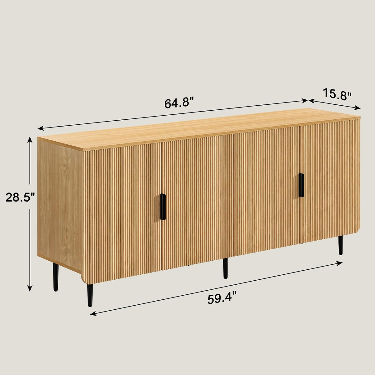65' Fluted Sideboard Buffet Cabinet with Storage, Console Cabinet with 4 Doors & Adjustable Shelves, Modern Buffet Table for Kitchen Dining Living Room Hallway‌ Entryway, Natural