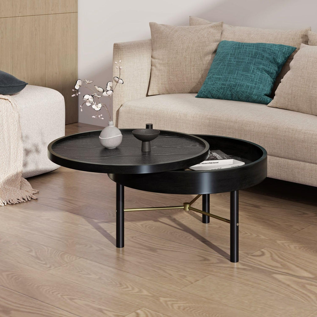 KEVINSPACE 24 Round Wood Coffee Table for Living Room with Storage Space - Rustic Modern Cocktail Table with Rotating Tray, Vintage Farmhouse Black